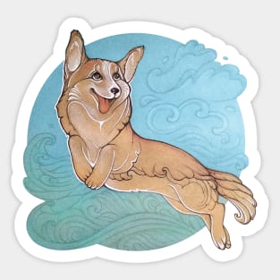 Corgi, flying in the clouds. Welsh Corgi, joyful and friendly dog. Sticker